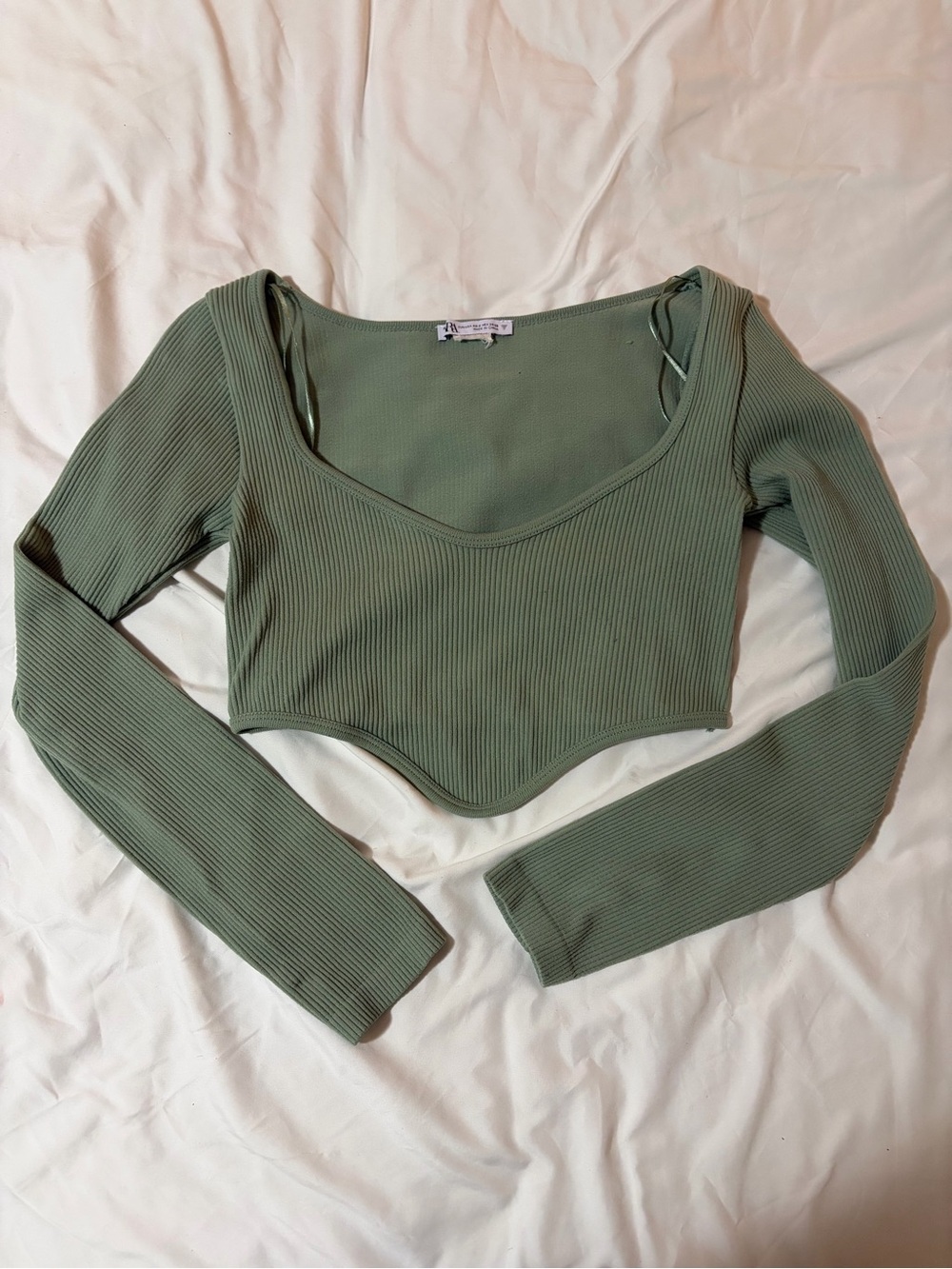 Zara Ribbed Long Sleeve Scoop Crop Top - Sage
